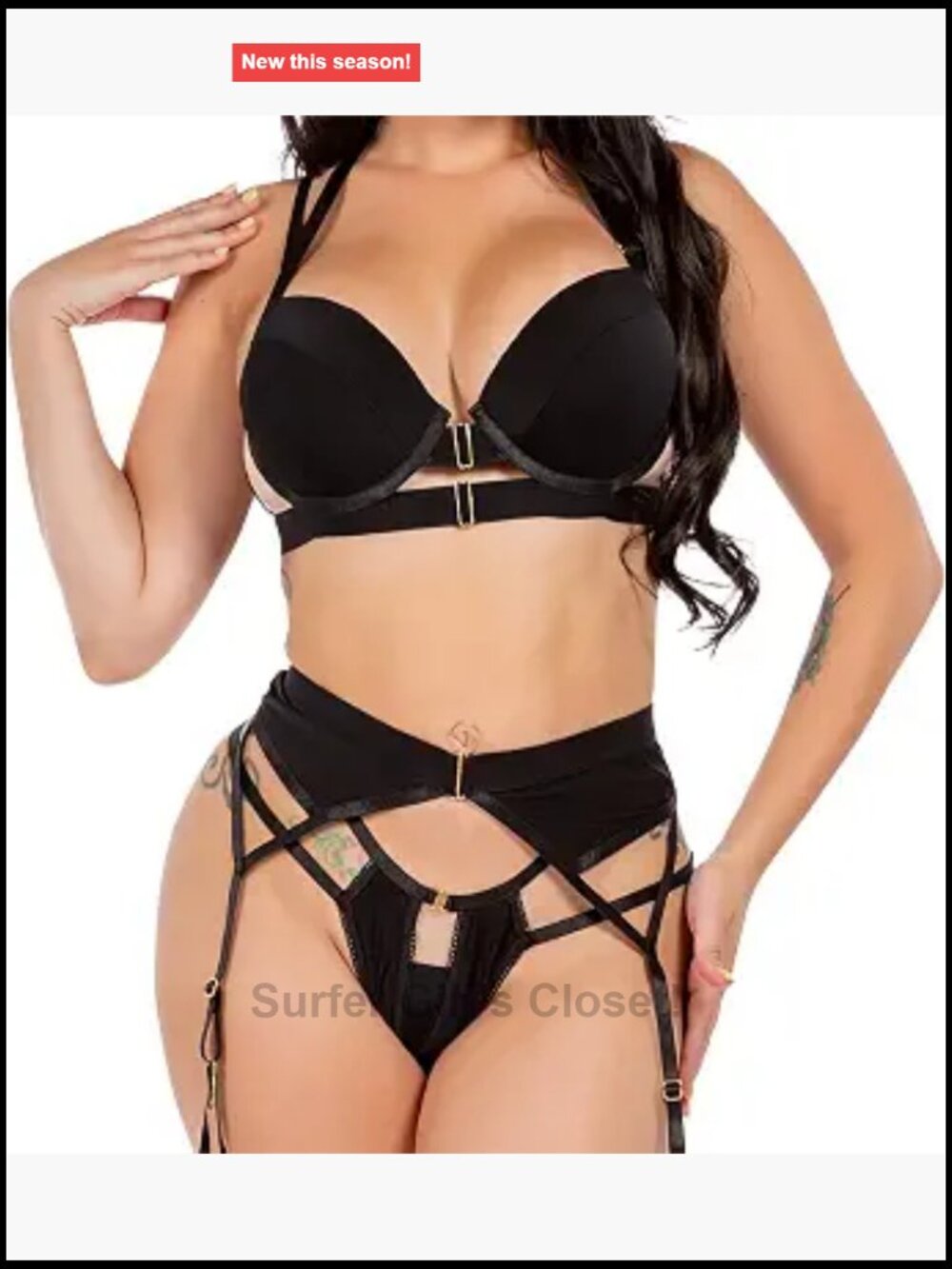 Strappy Harness Lingerie 3 Piece Set Push Up Bra Garter Belt Thong Satin